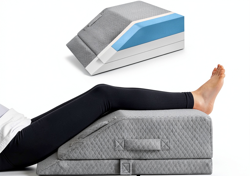 KingPavonini Leg Wedge Pillow showing adjustable layers and memory foam construction