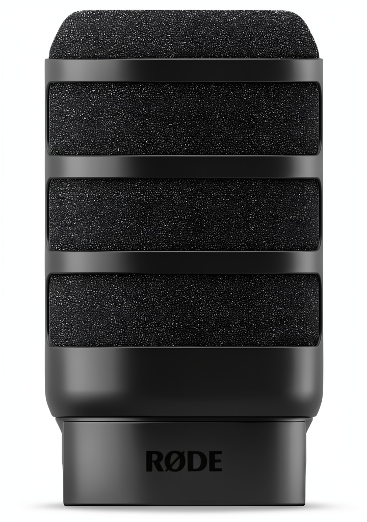 RØDE pop filter attached to a PodMic on a studio desk