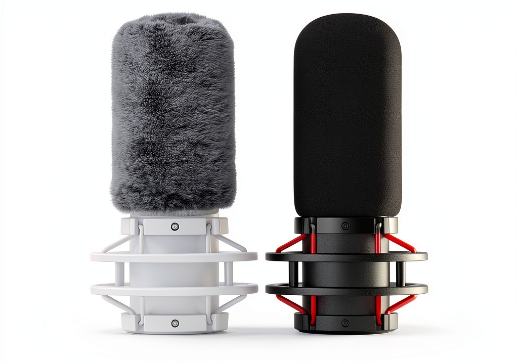 QuadCast pop filter and furry windscreen installed on a microphone in a home studio