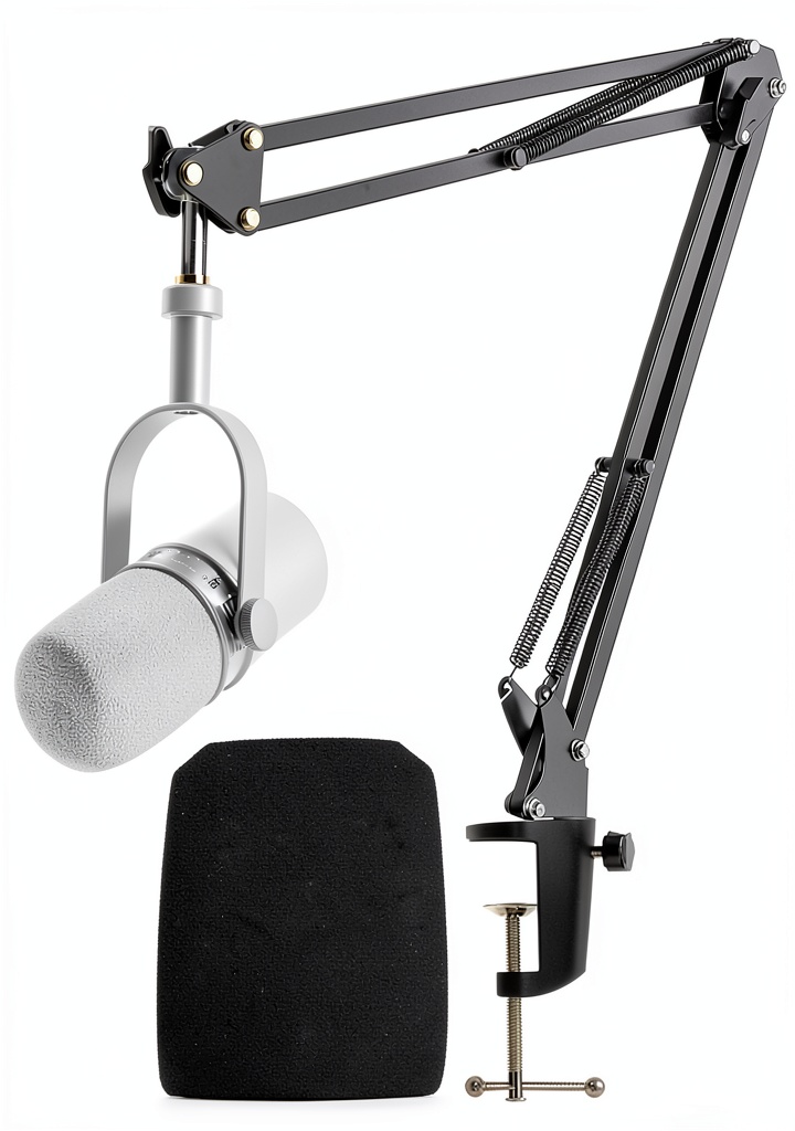 Shure MV7 boom arm on a wooden desk