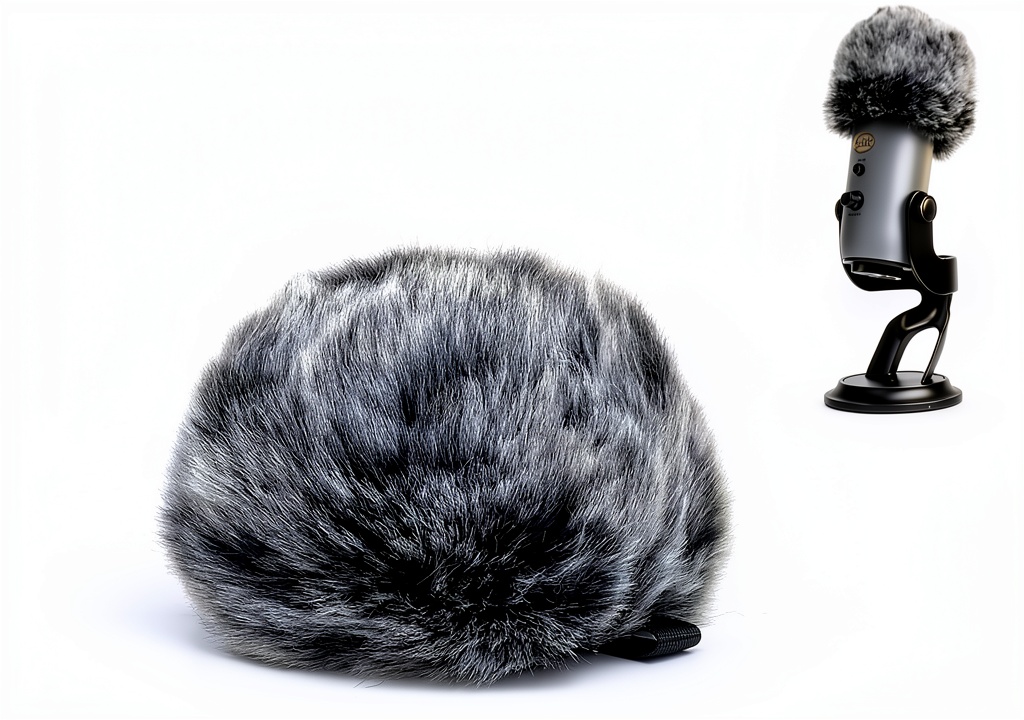 Close‑up of Pavo synthetic fur windscreen on a Blue Yeti microphone