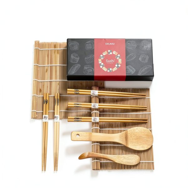 Sushi Making Kit, Delamu Bamboo Sushi Mat, Including 2 Sushi Rolling Mats, 5 Pairs of Chopsticks, 1 Paddle, 1 Spreader, 1 Beginner Guide PDF, Beginner Sushi Kit, Sushi Plates-1