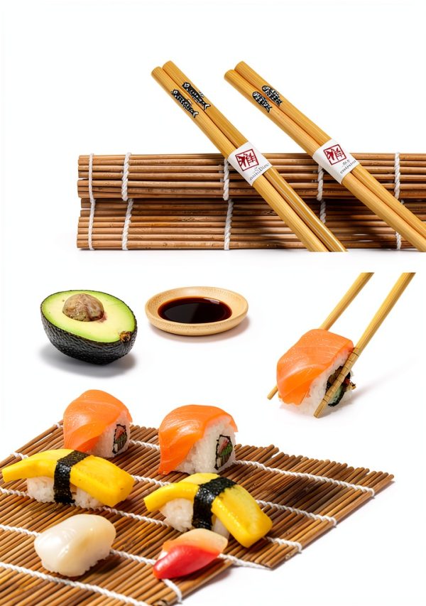 Sushi Making Kit, Delamu Bamboo Sushi Mat, Including 2 Sushi Rolling Mats, 5 Pairs of Chopsticks, 1 Paddle, 1 Spreader, 1 Beginner Guide PDF, Beginner Sushi Kit, Sushi Plates-5