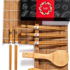 Sushi Making Kit, Delamu Bamboo Sushi Mat, Including 2 Sushi Rolling Mats, 5 Pairs of Chopsticks, 1 Paddle, 1 Spreader, 1 Beginner Guide PDF, Beginner Sushi Kit, Sushi Plates-0