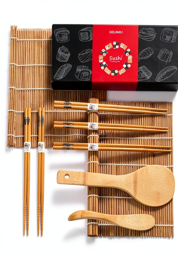 Sushi Making Kit, Delamu Bamboo Sushi Mat, Including 2 Sushi Rolling Mats, 5 Pairs of Chopsticks, 1 Paddle, 1 Spreader, 1 Beginner Guide PDF, Beginner Sushi Kit, Sushi Plates-0