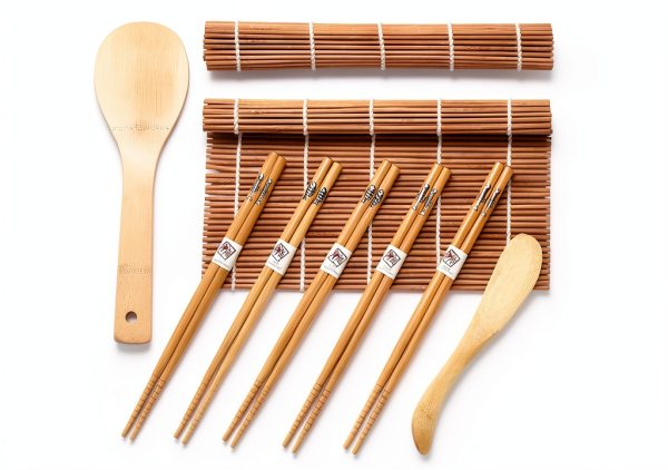 Sushi Making Kit, Delamu Bamboo Sushi Mat, Including 2 Sushi Rolling Mats, 5 Pairs of Chopsticks, 1 Paddle, 1 Spreader, 1 Beginner Guide PDF, Beginner Sushi Kit, Sushi Plates-8