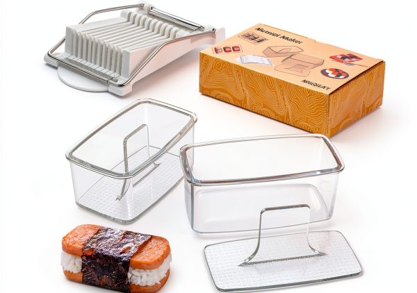 3-Piece Clear Musubi Maker Kit with Luncheon Meat Slicer - Non-Stick Onigiri Press Mold, BPA-Free Sushi Mold for Hawaiian Musubi-0