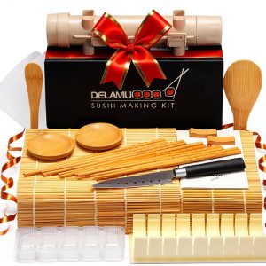 Delamu Sushi Making Kit, 20 in 1 Bazooka Roller Kit with Chef’s Knife, Bamboo Mats, Rice Mold, Temaki Sushi Mats, Rice Paddle, Spreader, Chopsticks, Sauce Dishes, Guide Book-0